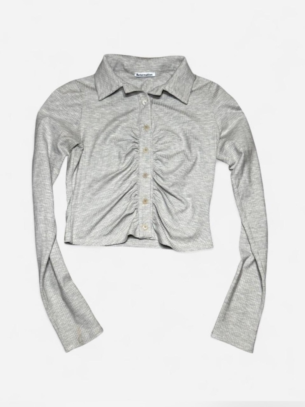 Reformation Neutral Beige Ribbed Ruched Button-Down Top - Picture 8 of 8